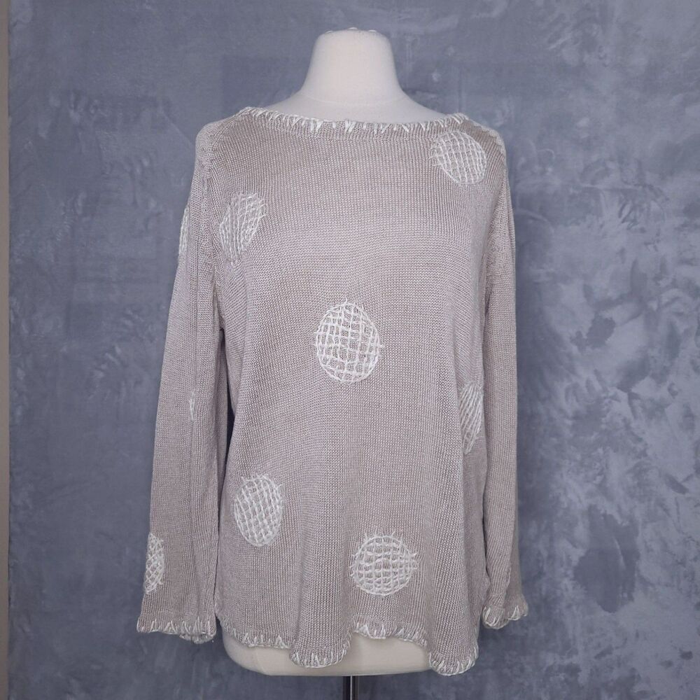 Vintage MICHAEL SIMON Oatmeal Open Knit Sweater Sz 1 Beachy Neutral Embroidered